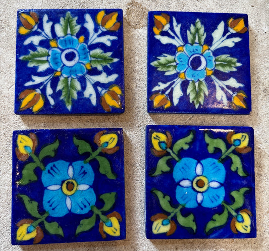 Set of 4 Hand-Painted Persian/Jaipur-Style Floral Tiles – Cobalt Ground