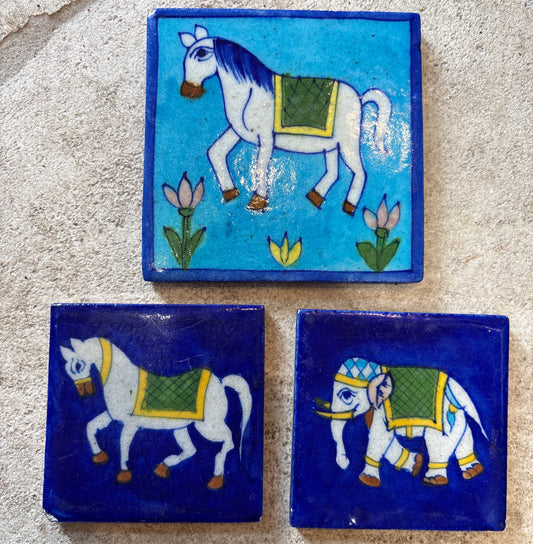 Set of 3 Hand-Painted Persian/Jaipur-Style Tiles – Horse & Elephant, Cobalt Ground