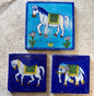 Set of 3 Hand-Painted Persian/Jaipur-Style Tiles – Horse & Elephant, Cobalt Ground